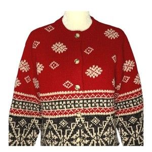VTG Eddie Bauer Women Wool Alpaca Cardigan Sweater Size Large Petite Red Nordic
